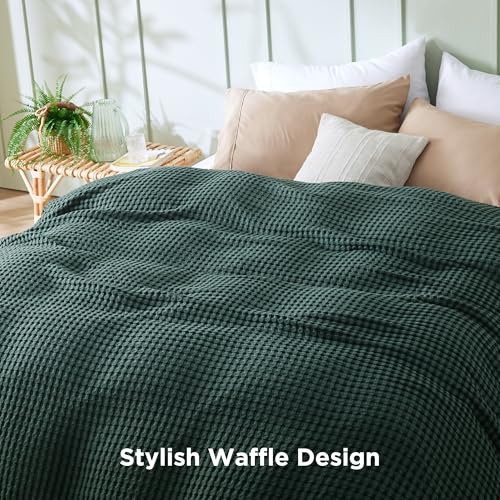 Image of Bedsure Cooling Cotton Waffle King Size Blanket - Lightweight Breathable Blanket of Rayon Derived from Bamboo for Hot Sleepers, Luxury Throws for Bed, Couch and Sofa, Dark Green, 104x90 Inches