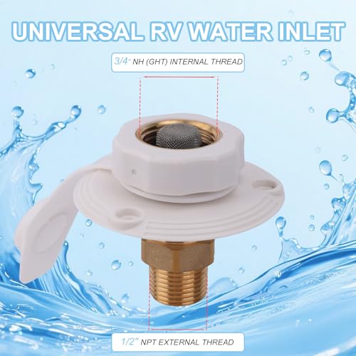 Image of BOXOB RV City Water Inlet with Brass Check Valve, 3 /4 inch NH Female to 1 /2 inch NPT Male RV Water Inlet Connection Replacement for Camper Trailer Motorhome (White)
