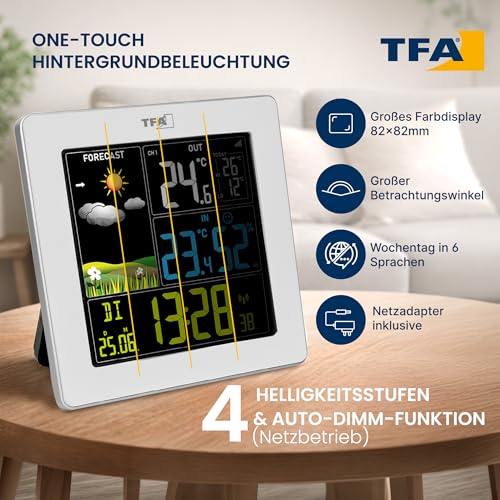 TFA Dostmann Digitale Funk Wetterstation mit Außensensor SUN2, 35.1174, für Innen und Außentemperatur, großes Farbdisplay, mit Wohnklima, inkl Funkuhr mit Datum, Hygrometer, mit Netzadapter, weiß