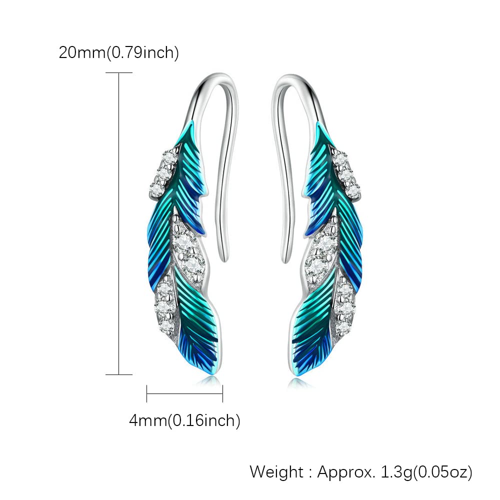 Juego de joyas de plata de ley 925 con diseño de plumas bohemias, esmalte azul, anillo de plumas y aretes de plumas para mujer