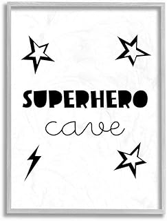 Stupell Industries Superhero Cave Kid's Room Sign Stars Lightening Bolt, Designed by Seven Trees Design Wall Art, 11 x 14, Grey Framed