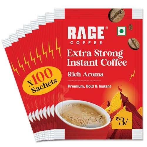 Image of RAGE COFFEE Extra Strong Premium Blend Coffee Powder|Pack Of 100|Premium, Bold & Instant|Instant Coffee & Chicory- 100% Arabica Beans For Hot & Cold Coffee|0.27 Kilograms|Sachets
