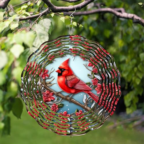 3D Red Cardinal Wind Spinner 10 Inch Stainless Steel Bird Wind Sculpture Kinetic Art Hanging Ornament for Outdoor Garden, Yard, Patio, and Home Decoration Christmas Decor