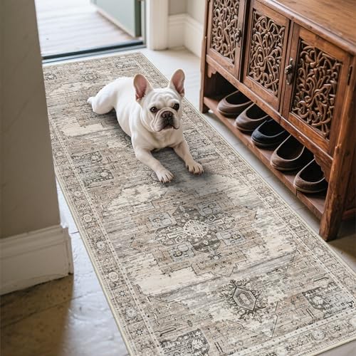 RUUGME Washable 2x6 Runner Rugs - Large Boho Rugs for Living Room Stain Resistant Carpet Vintage Tribal Rugs for Bedroom Kitchen Bathroom Non Slip Backing Home Decor Floor Decoration Mat 2X6 Beige