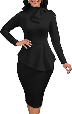 Womens Peplum Pencil Dresses Midi Bodycon Long Sleeve Crew Neck Modest Business Church Work Dress Elegant