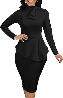 Women's Midi Peplum Bodycon Dresses Long Sleeve Bow Neck Ruffle Work Cocktail Pencil Dress Elegant