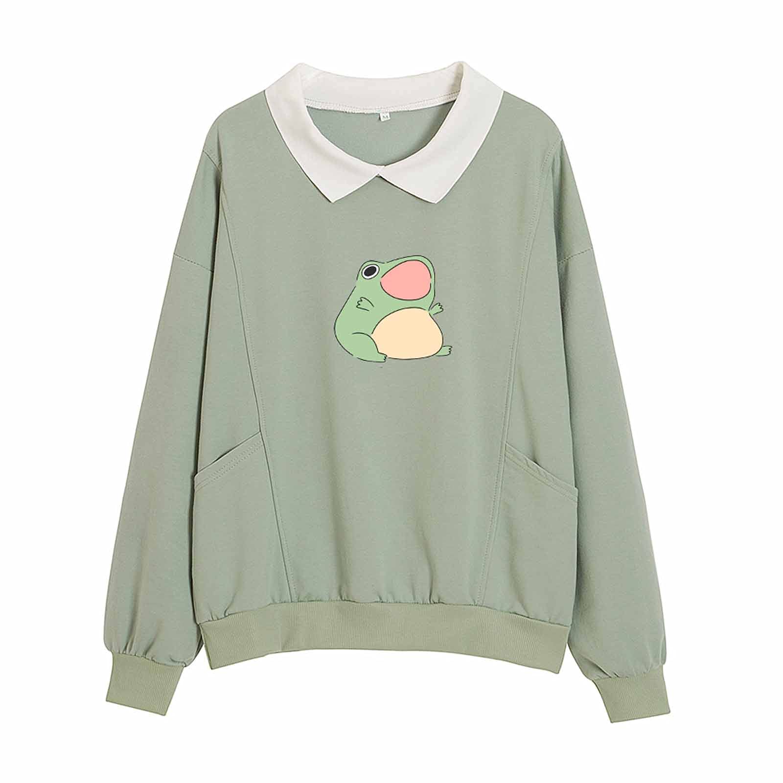 KIEKIECOO Frog Swearshirt Graphic Aesthetic Oversize Clothes Cotton Pullover Feminino Hoodies with Pocket Kawaii