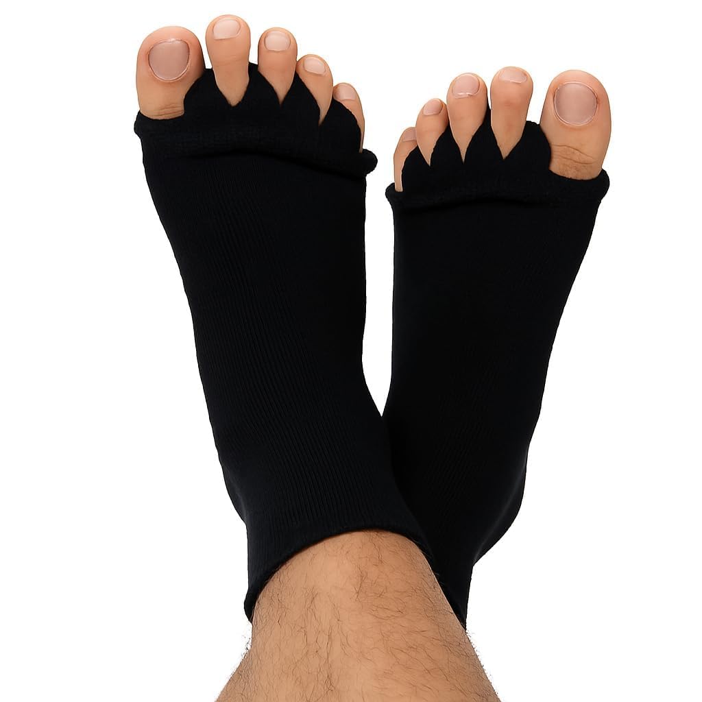 Foot Alignment Socks women 5 Finger Toe Separator for Men & Women (Free Size | Black) Plantar Fasciitis Leg Foot Pain Relief Bunion Corrector Hallux Valgus, Orthopaedic socks for Office, Yoga, Gym