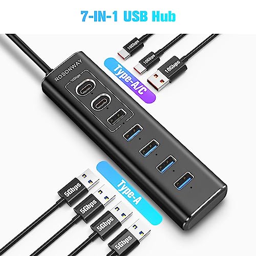 Powered Usb Hub, Rosonway 7-Port Usb 3.2/Usb C Hub With 10Gbps Usb-A 3.2, 2 Usb-C 3.2, 4 Usb 3.0 Ports, Individual Switches And 12V Power Adapter, Aluminum Usb Port Expander For Laptop/Pc, Rsh-A107C #TOP4