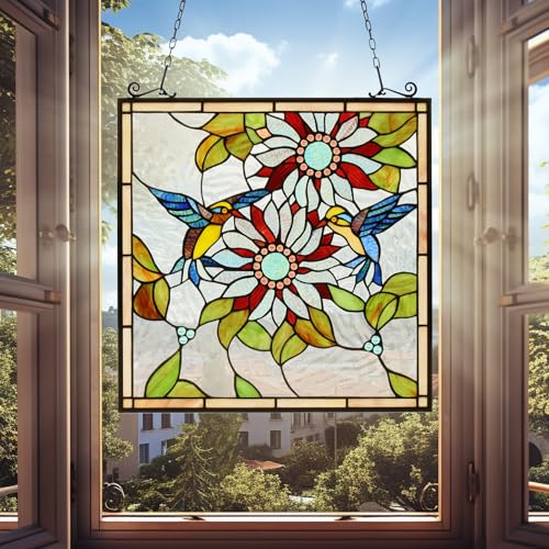 Capulina Sunflower and Birds Stained Glass Window Panels Tiffany Style Traditional Art Handicrafts Window Hangings for Home Window Decor Gifts