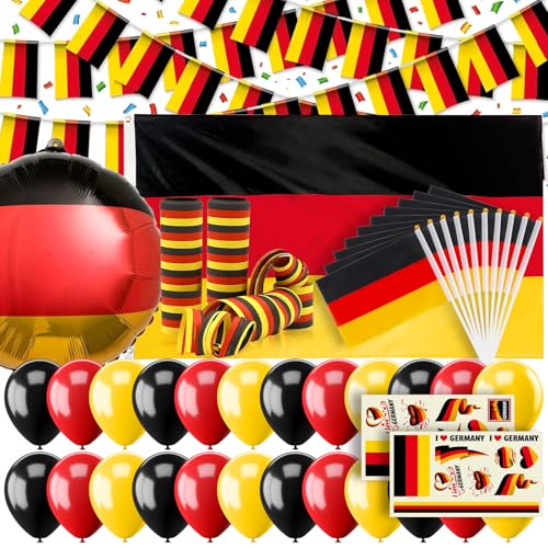XXL Deutschland Deko EM 2025 Fanartikel Dekoration Set, Deutschland Flagge 90x150 cm, Deutschland Girlande 8m, Klein Deutschland Flagge, Folienballon, Luftballons für Fußball WM EM Nationalfeiertag