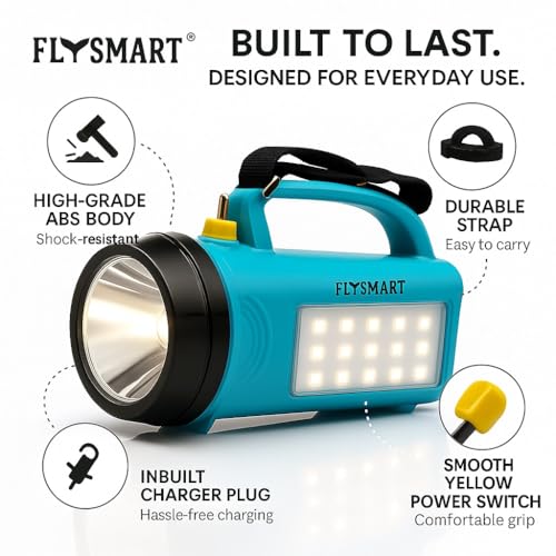 Image of Flysmart Bullet Dau Long Range LED Searchlight, Heavy Duty Emergency Torch with Powerful Focus Beam, Front Spotlight + Side LED Light, Free Flora AA Torch