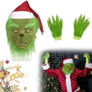 WDJLNZB Máscara de Monstruo de Pelo Verde con Gorro de Papá Noel y Guantes, Máscara Grinch de Terror de Navidad para Cosplay, Comedia, Halloween, Fiesta de Disfraces