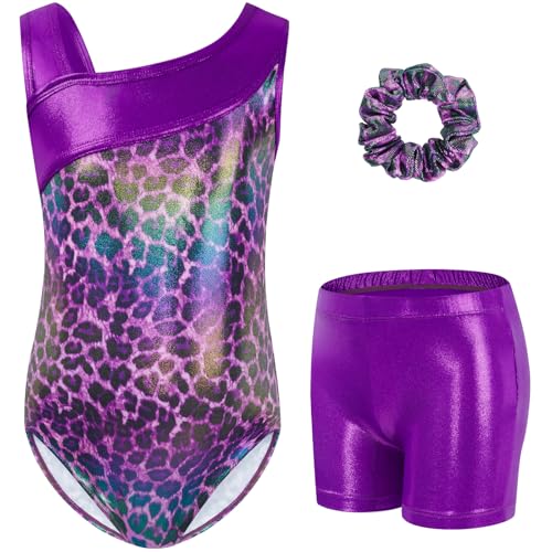 Gogokids - Set da ginnastica a tre pezzi per ragazze, body senza maniche con pantaloncini e fascia, vestito da ginnastica con design a colori scintillanti sfumati, età 3-12 anni, 130(120-130 cm,8-9Y)