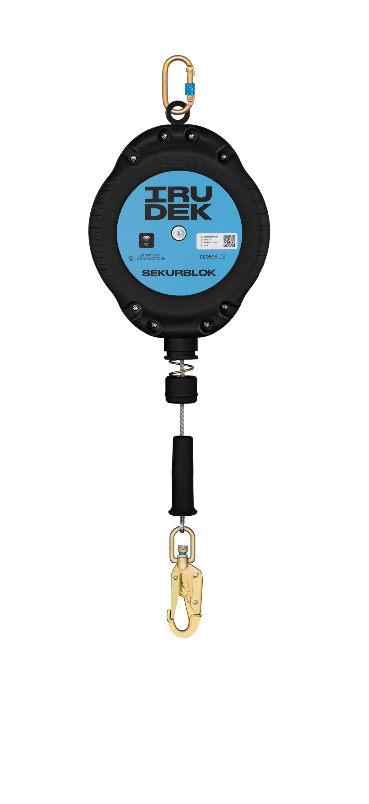 Irudek SEKURBLOK 20 – Antichute Rétractable à Câble 20 m – EN 360 – Utilisation Verticale – Charge max. 140 kg – Absorption d’Impact < 6 kN – Indicateur de Chute – Mousquetons Pivotants – NFC Ready