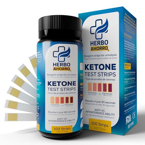 Tiras para medir Cetonas en orina - Cetosis, dieta Keto, medición de cetonas precisa, dieta cetogénica - 100 tiras reactivas para medir las cetonas - HerboAhorro
