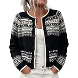 Fair Isle Cardigan Sweaters for Women Crew Neck Button Down Nordic Icelandic Sweater Open Front Long Sleeve 2026 Casual Cozy Fall Winter Tops Ladies Vintage Embroidered Wool Knit Coat Black XL
