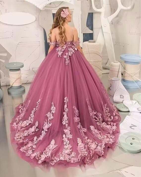 Off Shoulder Tulle Flower Girl Dresses for Wedding Floral Appliques Princess Pageant Party Gown3