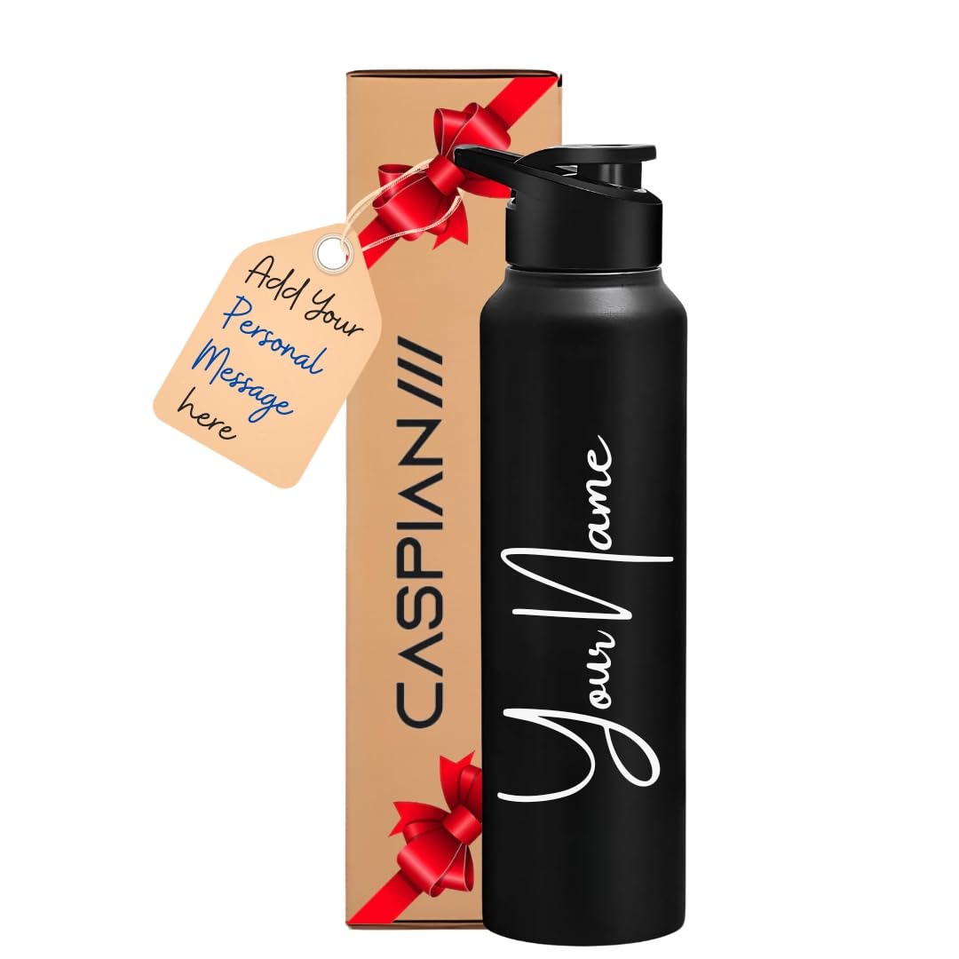 CASPIAN /// Hike Stainless Steel Customize Sipper Water Bottle (CUS-Matte Black 1 Litre, Set of 1)| Leak Proof Thunder for Fridge Home Office Travel School Kids Boys Girls Adults Sports Gym Yoga
