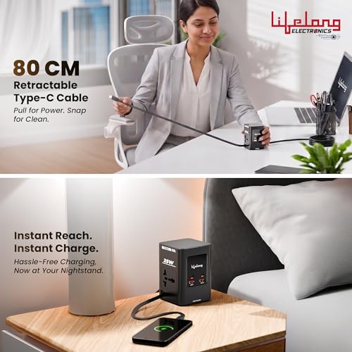 Image of Lifelong Electronics India's First Extension Board with Retractable Type C Cable | 2 AC Power Sockets (2500 W) and 2 USB C + 2 USB A Ports (GaN 25W Fast Charging) | Multiplug Overload Protection