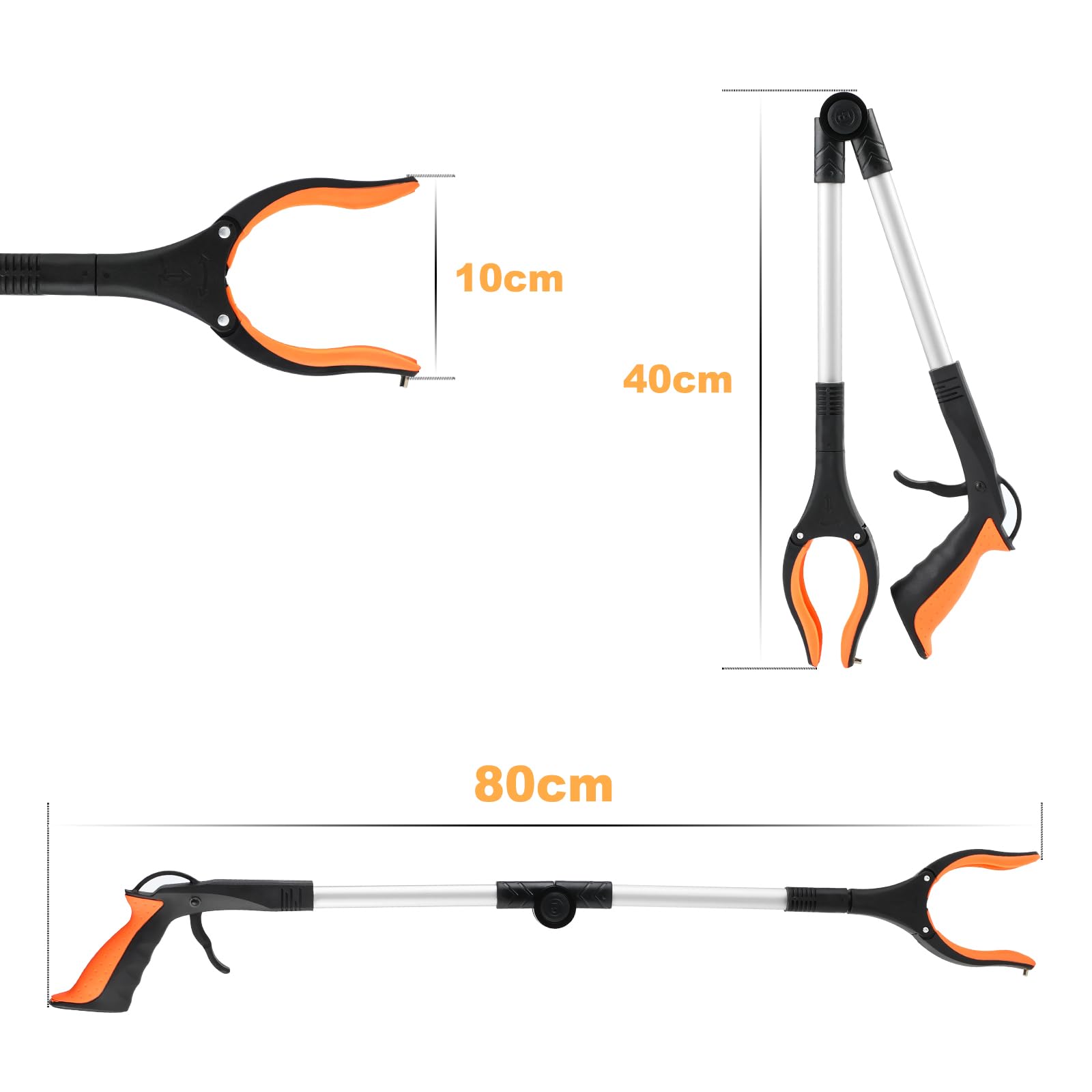 Pince de Ramassage Pliante, pince pour ramasser sans se baisser, 360° Tête pince ramasse objet, Barre avec Extrémité Magnétique pour la Collecte de Déchets et d'Ordures, Longueur de 80 cm(orange)