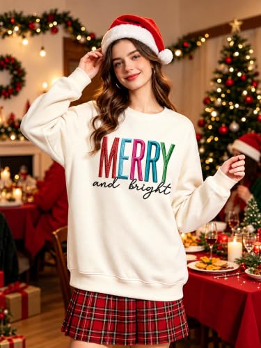 HOTHYPOP Christmas Sweatshirts For Women Crewneck Embroidered Tops Apricot - image 2