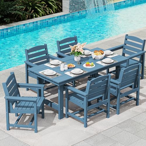 Image of SERWALL 67 inch Rectangle Outdoor Dining Table for 6, Blue | Patio Dining Table with an umbrella hole, HDPE Outdoor Dining Table which can holds up to 220LBS