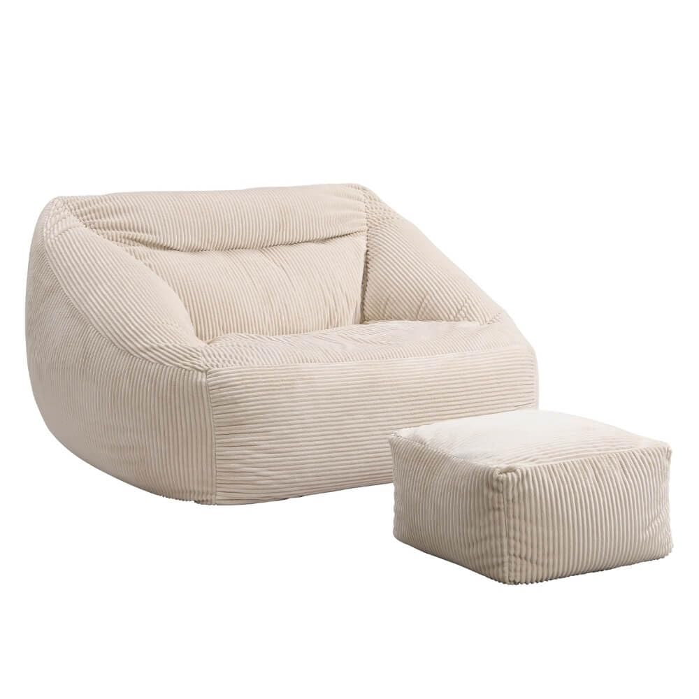 Home Deluxe - Sitzsack Cozy mit Hocker - Stoff: Samt Cord, Farbe: Beige - Maße: 100 x 88 x 80 cm, inkl. Füllung I Sitzmöbel Bean Bag Sitzsäcke