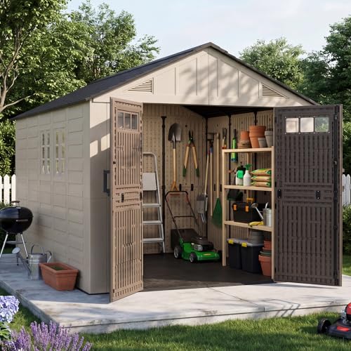 Image of Aoxun 8x12 Ft Outdoor Storage Shed with Floor, Large Resin Outdoor Shed with Lockable Door & Windows, Garden HDPE Sheds for Lawn Tools, Pool Supplies & Bikes