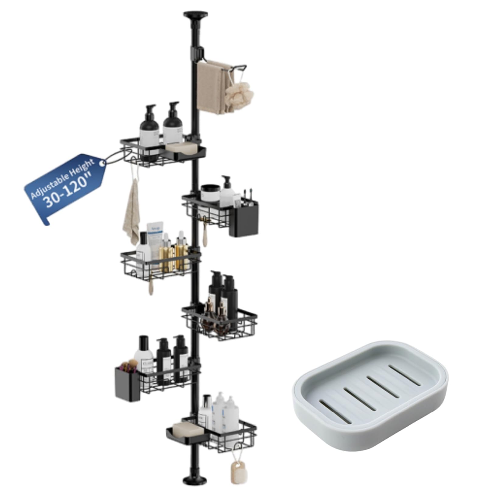 CiCixixi Corner Shower Caddy Tension Pole 6-Tier Bathroom Organizer with Towel Rack Toothbrush Holder and Plastic Soap Box