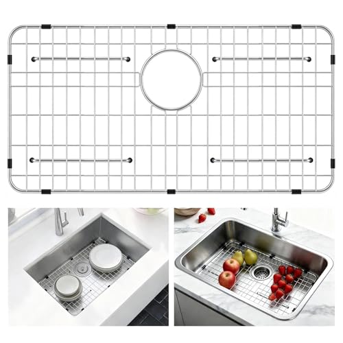 AWOKE Sink Rack for Bottom of Sink 26 x 14 Sink Protectors for Kitchen Sink 304 Stainless Steel Heavy Duty Metal Wire Grate for Single Bowl Farmhouse Sink Bottom Soft Rubber Feet (Rear)