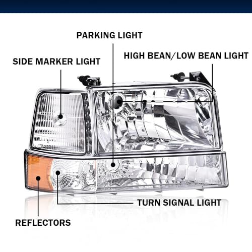 Image of GRAND ORANGE Headlights Compatible with Ford F150 Bronco 1992-1996 Chrome | Headlamps Assembly,w /Corner Signal Lamp & Bumper Lamps,Fit F250 F350 1992-1997,Clear Lens Chrome Housing Amber Reflector