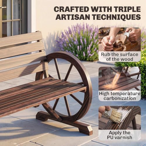 Image of Outsunny 41 inch Wooden Wagon Wheel Bench Rustic Outdoor 2-Person Carbonized
