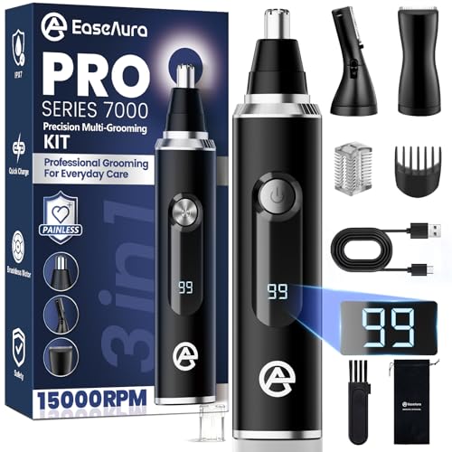 EaseAura® Tondeuse Nez Oreilles Homme & Femme, 3 en 1 Rasoir Nez Rechargeable avec Tête Sourcils et Barbe, Coupe Poil Nez et Oreilles, Épilateur Nez...