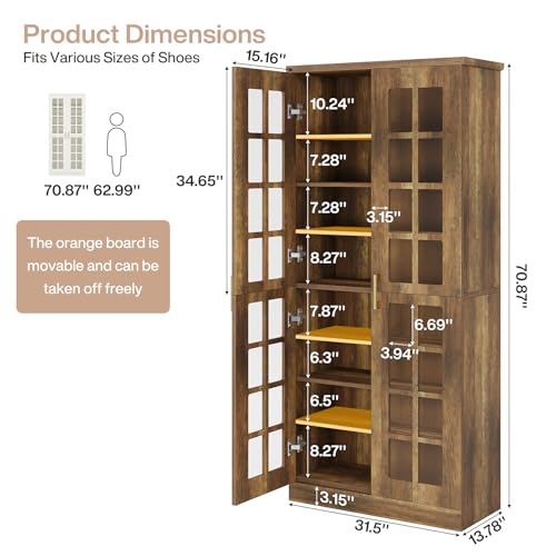 Image of Tribesigns Tall Shoe Cabinet with Doors, 8-Tier Shoe Storage with Adjustable Shelves, Modern Shoe Organizer Shoe Rack Cabinet for Entryway, Hallway, Closet, Living Room, Rustic Brown