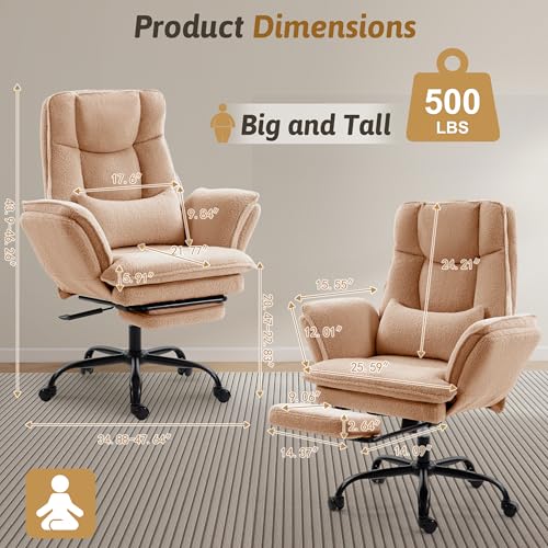 Image of Wider Seat Office Chair with Flip Armrests for Criss Cross Legged&Cats, Big and Tall Executive Ergonomic Reclining Chair with Footrest&Lumbar Pillow, Teddy Fleece Desk Chair, Brown Vanity Chair