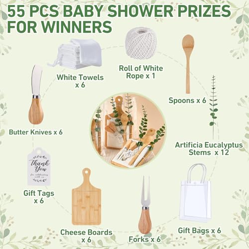 55Pcs Baby Shower Prizes for Game Winners 6 Sets Bamboo Cheese Board Spoon Fork Butter Spreaders Plaid Towel Thank You Card and Gift Bags for Baby Shower Wedding Bridal Shower Favors