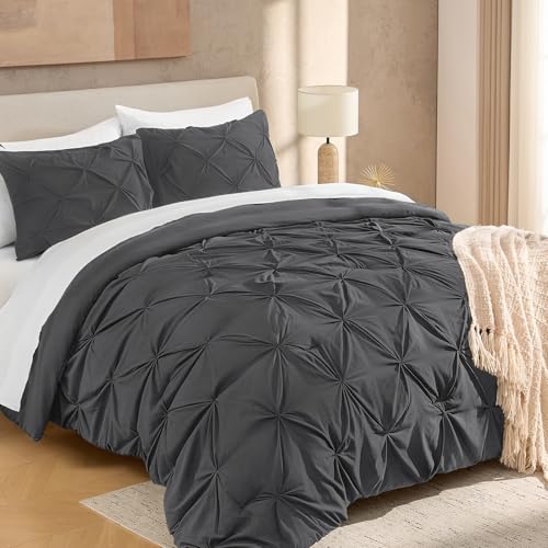 Image of Andency Oversized Queen Pinch Pleat Comforter Set (98 inchx98 inch),3 Piece Lightweight Pintuck Bedding Comforters & Sets, Fluffy Down Alternative Comforter with 2 Pillow Shams for All Season,White