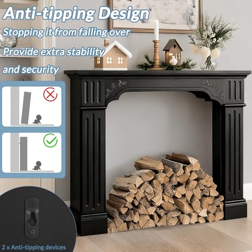 Image of Black Fireplace Mantel, Rustic Freestanding Surround Mantel for Fireplace with Decorative Pattern, Wooden Mantle with Leg for Living Room, Anti-Tipping & Waterproof, 43.3 inch W x 39.7 inch H
