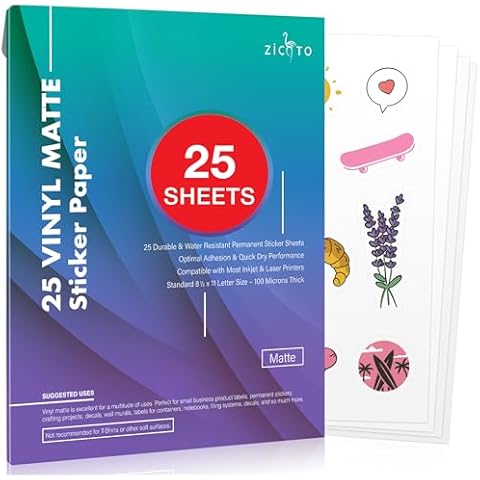 Premium Printable Vinyl Sticker Paper for Your Inkjet and Laser Printer – 25 Matte White Waterproof Decal Paper Sheets - Dries Quickly and Holds Ink Beautifully - Accessories Set for Cricut Cover