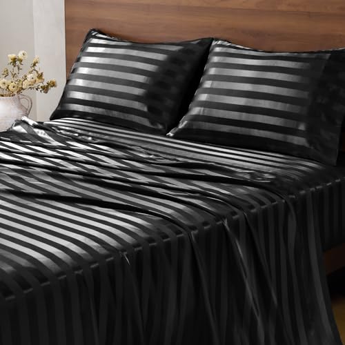 BEDELITE Jacquard Striped Satin Sheet Queen Size, Black, 4 Pieces - image 8
