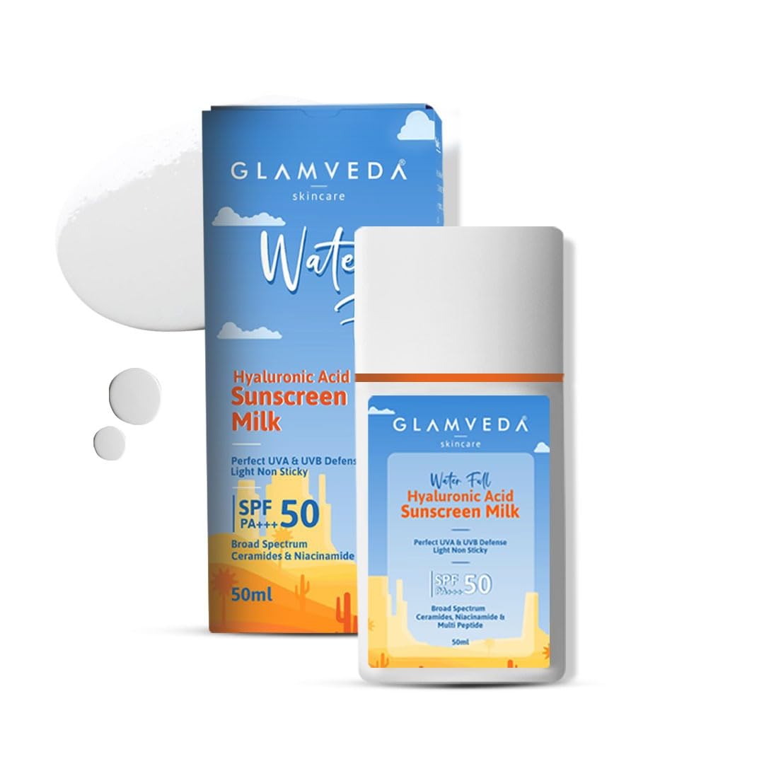 Glamveda Ultra Light Water Sunscreen SPF 50 PA+++ | Hyaluronic Acid Sunscreen Milk | Broad Spectrum UVA/B Protection | Brightens Skin Fragrance-Free & No White Cast | For Glowing & Sun Protected All Skin Type 50ml