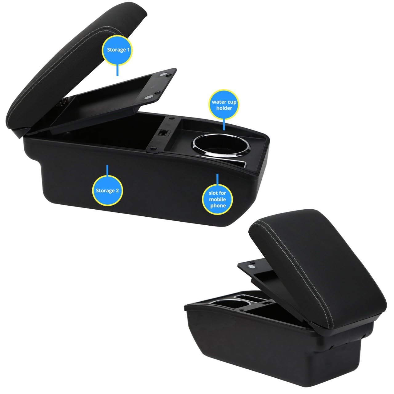 Reposabrazos Montaje Sin Taladro Reposabrazos Central Para Seat Ibiza 3 (6L) – Con Almacenamiento, Piel Sintética Negra, Fácil Instalación Accesorio Consola Almacenamiento