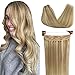DOORES Human Hair Extensions Halo Hair Balayage Light Blonde Highlighted Golden Blonde 16 Inch 80g Real Hair Extensions Invisible Hidden Crown Hair Extensions Secret Fish Extensions Flip in Straight