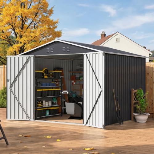 Image of AirWire 8x8 FT Outdoor Storage Shed Gray | Garden Shed with Updated Frame Structure and Lockable Doors, Metal Tool Sheds for Backyard Garden Patio Lawn