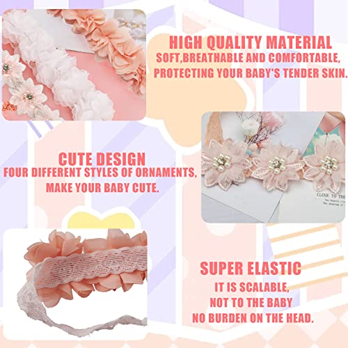 Baby Headband,4PCS Cute Pink White Baby Girl Flower Headbands,Floral Baby Elastic Hair Bands Hair Accessories for Newborns Infants Toddlers Girls Kids Photography (Baby Headband A) - Image 3