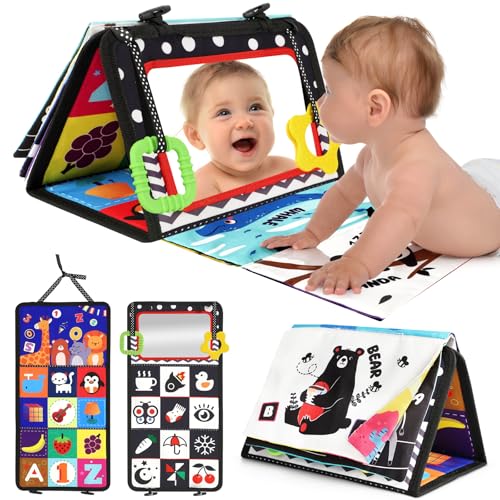 URMYWO Livro de Brinquedos para Bebês Montessori Dobrável Tummy Time com Espelho Mordedor e Padrões de Contraste Branco e Preto - Bebês 0-12 Meses Meninos Meninas