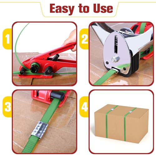 Image of MYFAMIREA Heavy Duty Banding Strapping Kit with Tensioner Tool, 1 /2 inchx 3500FT Green Polypropylene Plastic Packaging Strapping, 300 Metal Seals, Sealer Tool for Pallets, Logistics, Warehouse (Red)