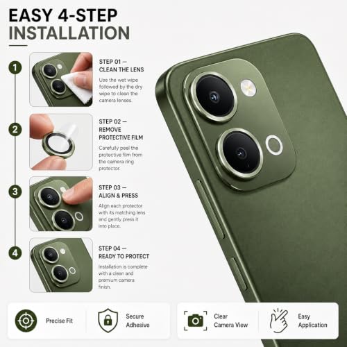 Image of ArmourPro Camera Lens Protector Ring for Vivo T5x, Y51 Pro and Y31D Premium Metal Camera Lens Guard, Scratch Resistant Camera Protection Ring, Easy Installation| Green, 1 Pack