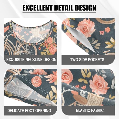 ALAZA Vintage Rose Flower Navy Blue Pajamas Set Short Sleeve Cotton Sleepwear Summer Pjs 2 Piece 5-14Y4